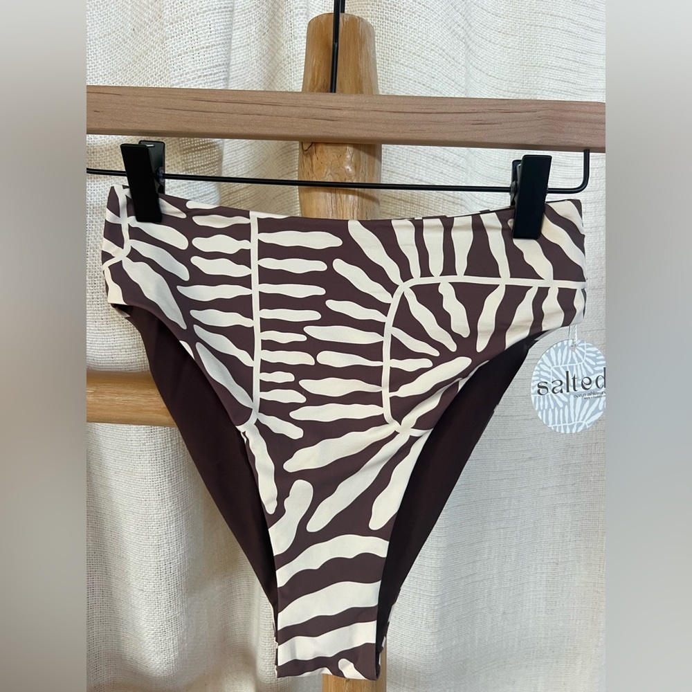 Small brown and white high wasted swim bottoms. Made by Salted in Australia